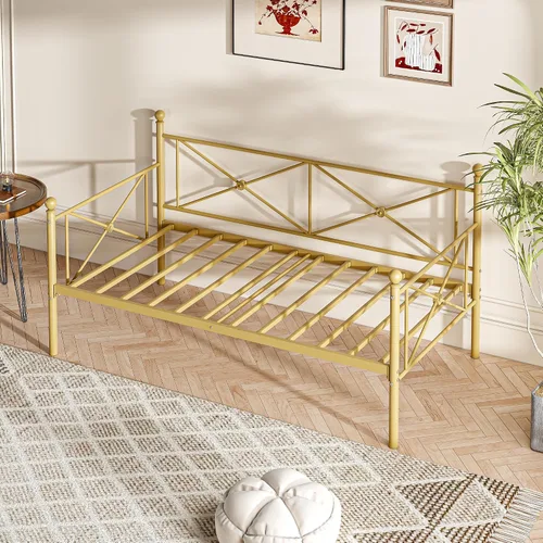 Vista 4 de VECELO Marco de cama de día con cabecero, plataforma de soporte de listones de metal resistente para sala de estar, habitación de invitados, fácil