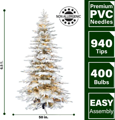 Vista 4 de Fraser Hill Farm - Árbol de Navidad preiluminado Mountain Pine de 6.5 pies, con luces inteligentes incandescentes blancas, muy nevado, follaje