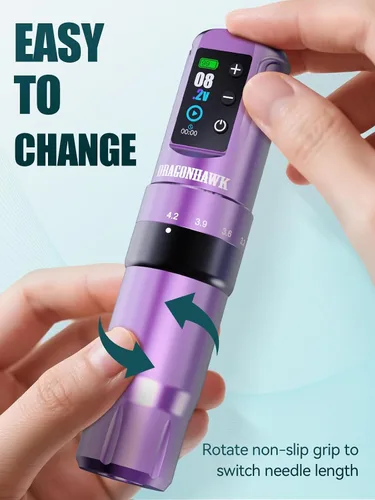 Vista 8 de Dragonhawk Atom2 Pro Tattoo Kit, 7 Stroke Settings, 2000mAh, Purple