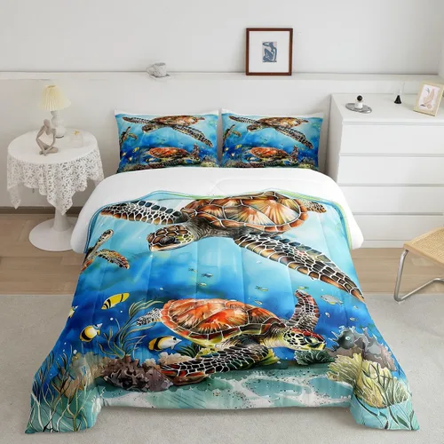 Vista 15 de Erosebridal Juego de edredón de ballena náutica, tamaño individual, juego de ropa de cama vintage azul con ondas oceánicas para niños y niñas