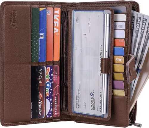 Vista 2 de Itslife Billetera para mujer, de gran capacidad, con bloqueo RFID, de cuero, para tarjetas de crédito, cartera con soporte para chequera