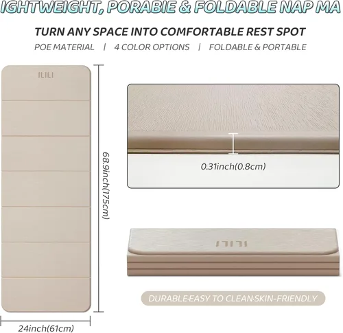 Vista 2 de ILILI Esterilla de yoga plegable de 71 x 24 x 0.3 pulgadas, tapete antideslizante de TPE para el hogar, impermeable y ligero (2 libras)