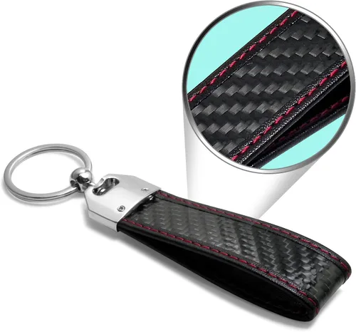Vista 4 de iPick Image Hecho para Ford Mustang Cobra Real Negro Fibra de Carbono Loop Correa Llavero con Costuras Rojas