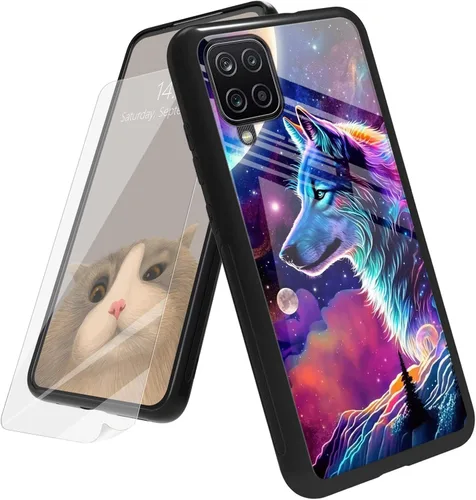 Vista 177 de Funda para Samsung Galaxy A12 5G con protector de pantalla, parte trasera de vidrio templado + TPU de silicona suave que absorbe los golpes