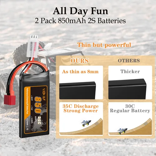 Vista 5 de Batería Lipo de 7.4V Super Thin 2S 850mAh RC Batería con Dean-Style T Plug 35C Alta tasa de descarga recargable Ajuste para DEERC WLtoys HBX Most