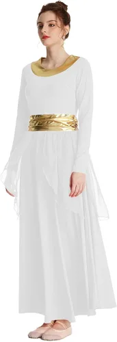 Vista 4 de MYRISAM Mujeres Alabanza Bata de Baile Culto Litúrgico Cintura Metálico Vestido de Manga Larga Falda de Gasa Traje Lírico