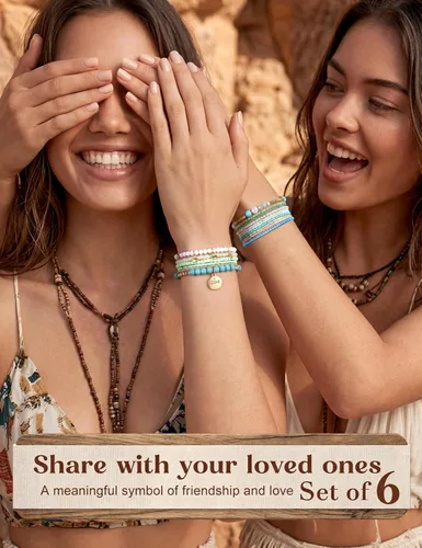 Vista 6 de LOYALLOOK Juego de 6 pulseras de cuentas apilables bohemias para mujer, estilo bohemio, elásticas, de varias capas, estilo bohemio