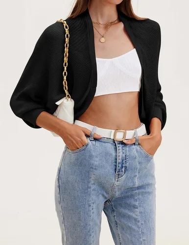 Vista 2 de Hotouch Cárdigan de punto para mujer, manga larga de murciélago, bolero recortado, frente abierto, casual, elegante, cárdigan para vestidos