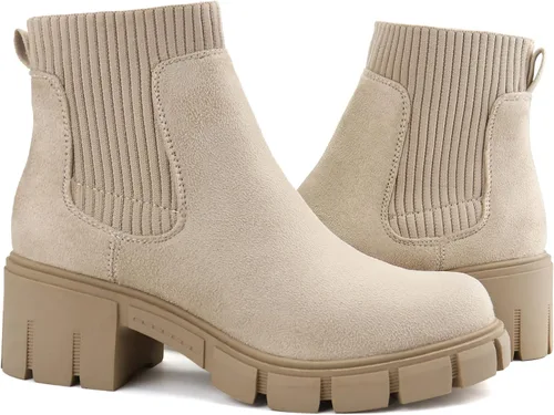 Vista 3 de JABASIC Botas de tobillo gruesas para mujer, botas Chelsea elásticas