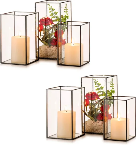 Vista 18 de NUPTIO Portavelas de Cristal Hurricane: 3 Piezas Linternas Negras Geométricas Portavelas de Velas de Pilar Linterna Decorativa Centro de Mesa