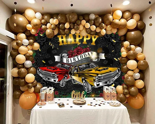 Vista 4 de Telón de fondo retro para automóvil de 9 x 6 pies para fiesta de cumpleaños, fiesta temática de los años 50, suministros de decoración de fiesta