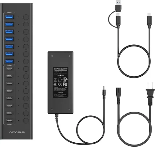 Vista 6 de Hub USB 3.2 alimentado, ACASIS 16 puertos USB 3.2 Hub (8 puertos USB-A 3.2 + 8 puertos USB-C 3.2), concentrador USB de aluminio alimentado