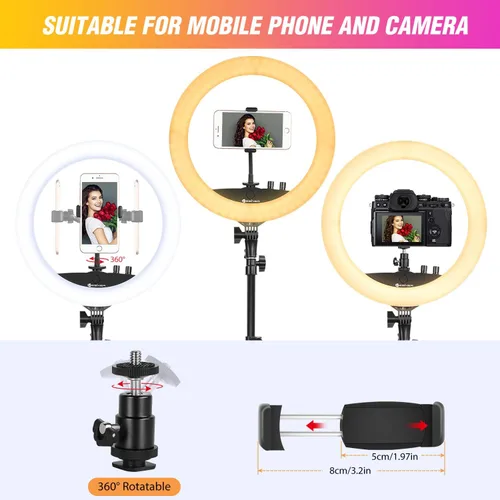 Vista 7 de Anillo de luz con soporte de trípode, kit de anillo de luz LED de 14 pulgadas Yesker con soporte para teléfono, temperatura de color ajustable