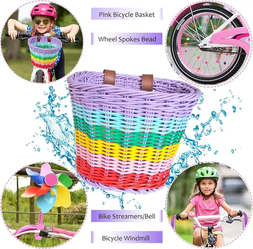 Vista 4 de Cesta de bicicleta para niñas, cesta de bicicleta ajustable para manillar delantero con serpentinas de bicicleta, juego de campana/molino de viento