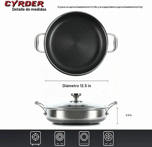 Vista 2 de Sartén de Acero Inoxidable 316L de 12 Pulgadas - Sartén Híbrida Antiadherente de Inducción con Tapa, Agarre de Dos Asas, Libre de PFOA, Apta