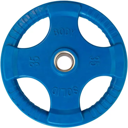 Vista 8 de Body-Solid Placa de goma con diseño de agarre cuádruple, discos de peso olímpicos con revestimiento de goma para levantamiento de pesas