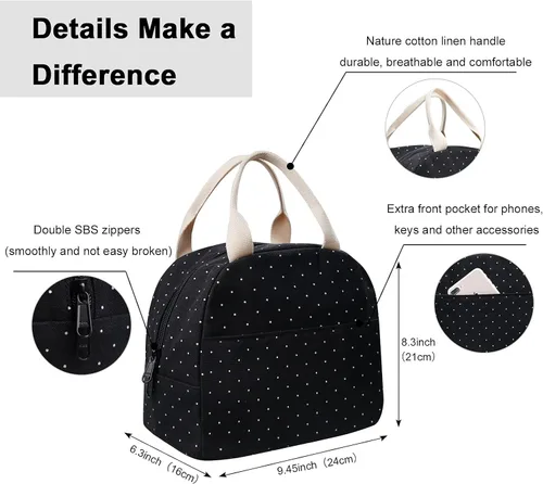 Vista 2 de EurCross Bolsa de almuerzo negra compacta mejorada para niñas y mujeres, de lona, reutilizable, aislada, con lunares, bolsa de almuerzo