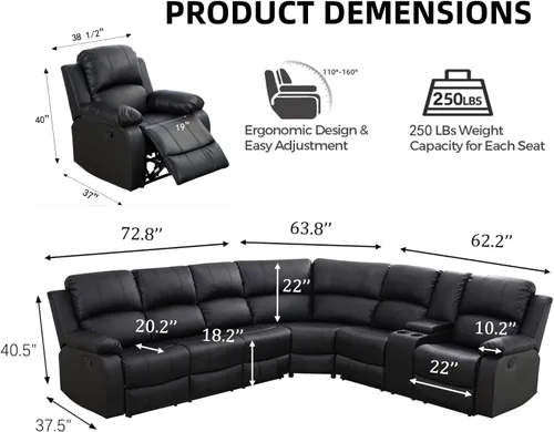 Vista 2 de Juego de sofá seccional reclinable manual, juegos de muebles de sala de estar de cuero regenerado en forma de L, sofá de esquina seccional