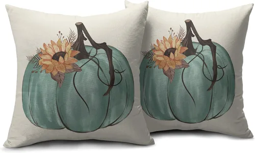 Vista 2 de Juego de 2 fundas de almohada de otoño de 16 x 16 pulgadas, color azul aguamarina, calabaza, girasol, cosecha, Acción de Gracias, para exteriores