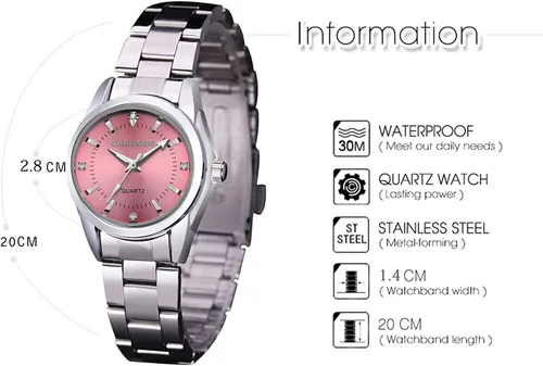 Vista 4 de Reloj analógico de cuarzo para mujer, con correa de acero inoxidable, resistente al agua, con números romanos y diamantes de imitación