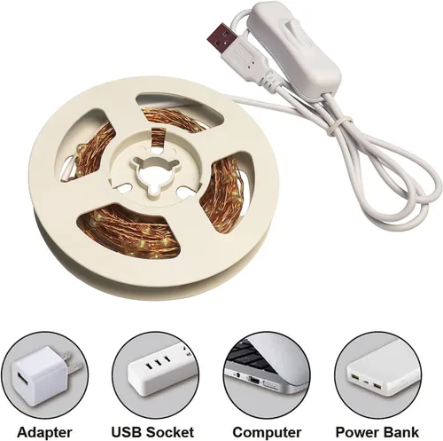 Vista 4 de RUICHEN Alambre de cobre de 33 pies, 100 luces LED USB con interruptor de encendido/apagado, verde