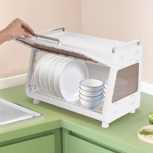 Vista 12 de Escurridor de platos de 2 niveles, escurridor de platos de cocina con cubierta de tapa, soporte pequeño de plástico para utensilios de cocina