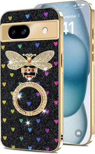Vista 19 de nancheng Funda para Google Pixel 6 de lujo, diseño de abeja, corazón y abeja, chapado en oro, con anillo de diamante de 360°, correa de cordón