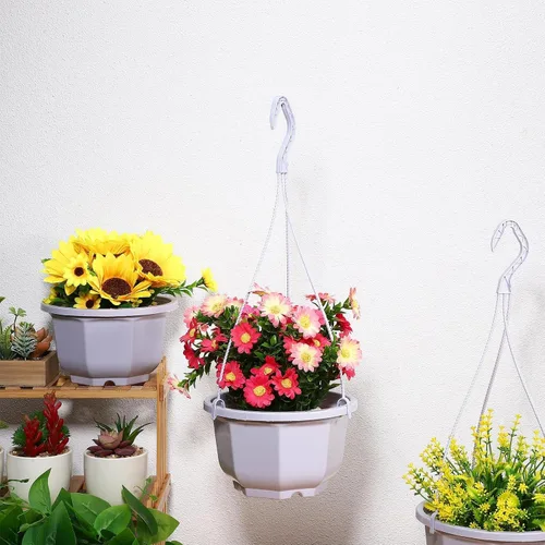 Vista 6 de 8-Inch Hanging Planters Octagonal Plastic Flower Pots with Hook, 10pcs Indoor Hanging Plant Baskets for Balcony and Garden, White Gardening