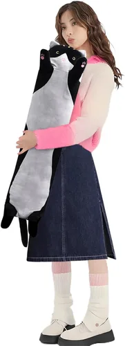 Vista 29 de shangman Bonita muñeca de gato de peluche, bonita almohada de peluche suave de caricaturas, almohada larga para dormir, regalo del día de San Negro
