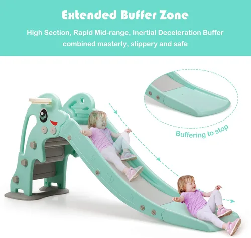 Vista 7 de Baby Joy Slide para niños, juego grande para escalador de juegos con pendiente de deslizamiento extralarga, aro de baloncesto y bola, regalo ideal