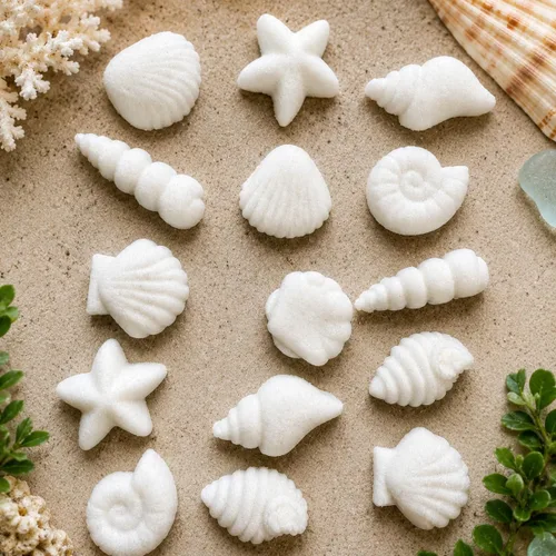 Vista 2 de Paquete de 24 decoraciones comestibles de conchas marinas blancas y estrellas de mar para decoración de pasteles, cupcakes, pasteles, pasteles