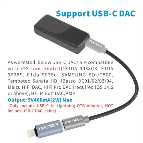 Vista 3 de Meenova Adaptador USB C a Lightning OTG para USB-C DAC, corriente grande de hasta 400mA/5V, compatible con iPhone, iPad, iPod con soporte