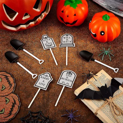 Vista 4 de 48 piezas de lápida de Halloween para pasteles, decoración de cupcakes y mini cucharas con forma de pala para suministros de fiesta de Halloween