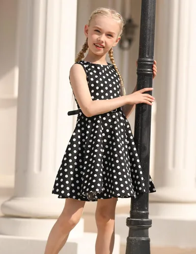 Vista 3 de Funnycokid Vestidos de los años 50 para niñas, vestido retro vintage, sin mangas, traje de fiesta con cinturón para niños de 6 a 13 años
