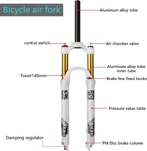 Vista 8 de 26/27.5/29 Inch MTB Air Suspension Forks Travel 140mm, Rebound Adjust 1-1/8" Straight/Tapered Tube QR 9mm Magnesium Alloy Manual/Remote Lockout