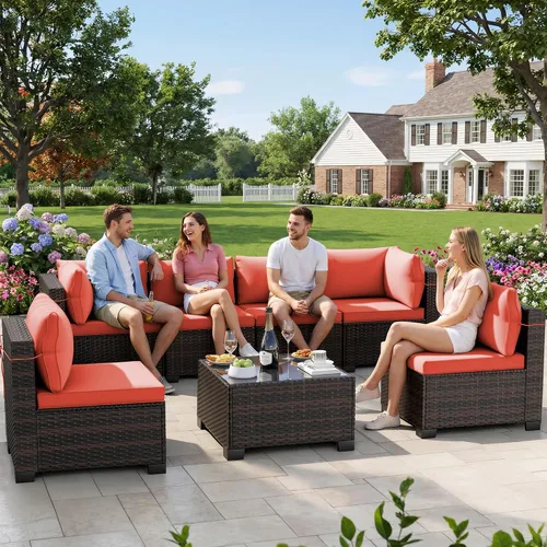 Vista 21 de LEVELEVE Juego de muebles de patio al aire libre, sofá seccional de conversación de ratán de tejido manual con mesa de centro de vidrio templado
