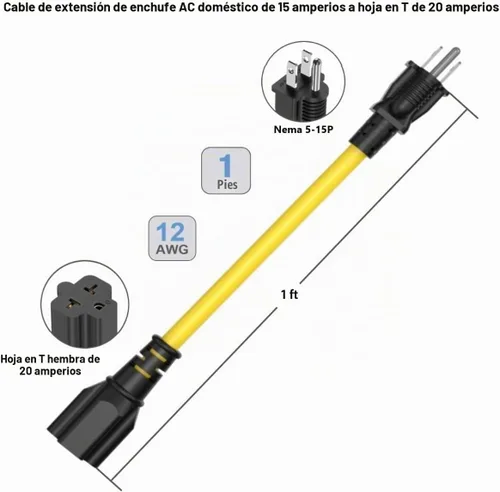 Vista 7 de Cable adaptador de hoja T de 1 pie y 15 amperios para el hogar a 20 Amp T NEMA 5-15P a 5-20R 5-15R 6-15R 6-20R (4 en 1) Cable adaptador de enchufe