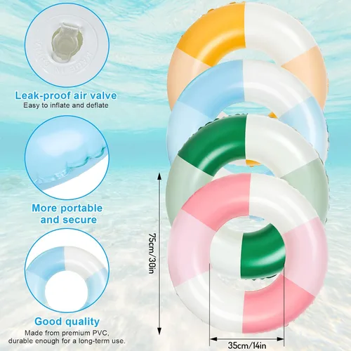 Vista 2 de JarThenaAMCS 4 flotadores inflables para piscina, 4 colores, anillos de natación retro a rayas, tubos de piscina para adultos, adolescentes, verano