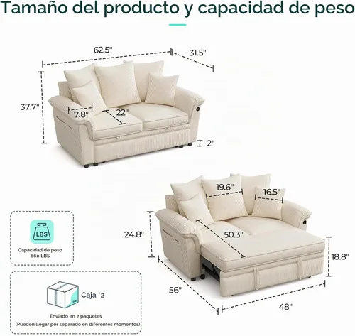 Vista 2 de LINSY HOME Sofá modular con cama extraíble, sofá biplaza modular de pana grande, reposabrazos ancho, sofá modular de 62 pulgadas y 2 asientos
