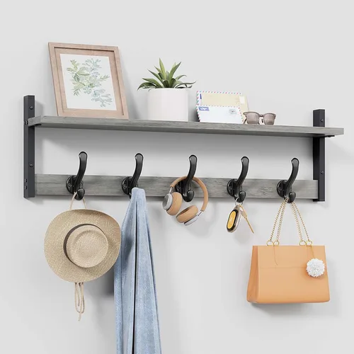 Vista 11 de Tatub Perchero rústico de 29 pulgadas con estante, ganchos de pared de entrada con estante, perchas para baño, sala de estar, dormitorio, negro