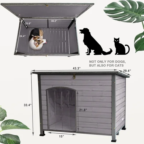 Vista 6 de Casa para Perros al Aire Libre Aislada para Perros Pequeños, Medianos y Grandes, Madera Natural con Marco de Hierro, Techo Resistente al Agua, Patas