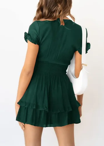 Vista 4 de PRETTYGARDEN - Mini vestido de verano con vuelo para mujer. Vestido corto acampanado con cuello en V y manga corta con volantes en la parte delantera