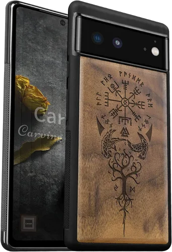 Vista 10 de Carveit Funda de madera para Pixel 6 Pro [madera real y TPU suave] a prueba de golpes, híbrida, cubierta de madera única y elegante compatible