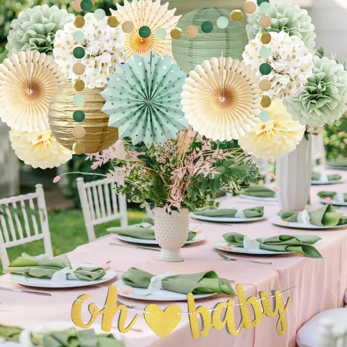Vista 5 de Decoraciones de baby shower verde salvia Oh Baby Banner de papel de seda, pompones de flores, abanicos de papel, guirnalda de puntos circulares