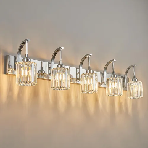 Vista 31 de Luces de tocador de cristal de 3 luces negras para tocador de baño, modernas lámparas de baño de cristal sobre espejo de 23.62 pulgadas de largo