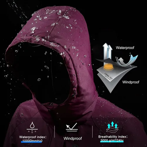 Vista 5 de CAMEL CROWN Chaquetas de esquí de invierno cálidas para mujer, abrigo de nieve impermeable con capucha, chaqueta de lluvia resistente al viento
