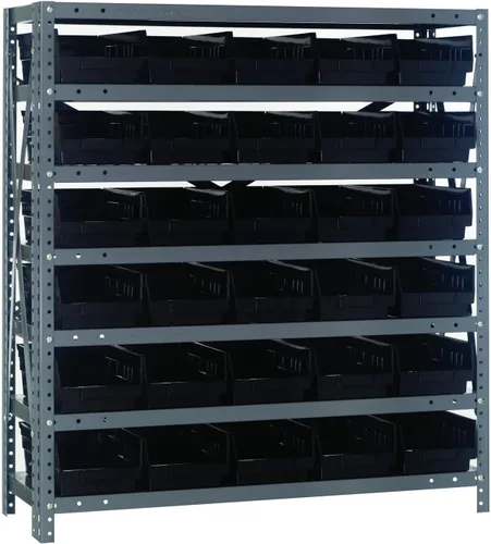 Vista 190 de Quantum QSBU-245BK Heavy Duty Shelving Unit with (7) Shelves and (24) QUS245 Black Bins for Garage Warehouse Storage Distribution 400 lb Load