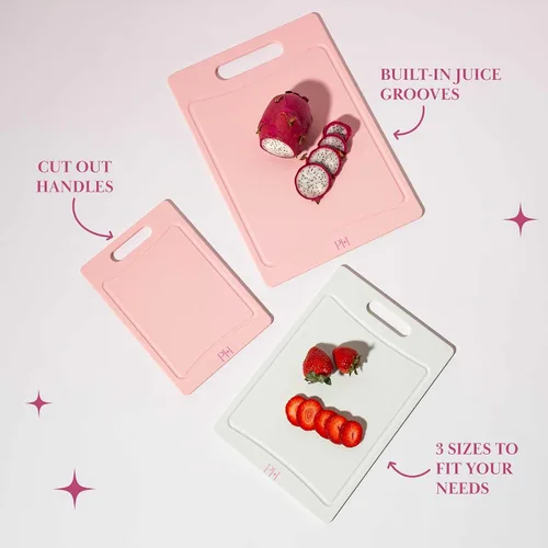 Vista 5 de Paris Hilton Tablas de cortar para cocina, juego de tablas de cortar de plástico reversible de doble cara con ranuras para jugos, mango de fácil