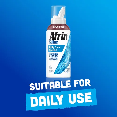 Vista 4 de Afrin Aerosol nasal salino, 100% libre de medicamentos, solución salina, aerosol nasal para el cuidado diario de la congestión y nariz seca, fácil