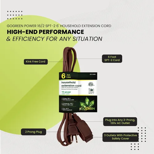 Vista 5 de Go Green Power Inc. Cable de extensión para el hogar de 16/2 de 6 pies con 3 tomas, color marrón, discreto, sin torceduras, cubiertas de seguridad